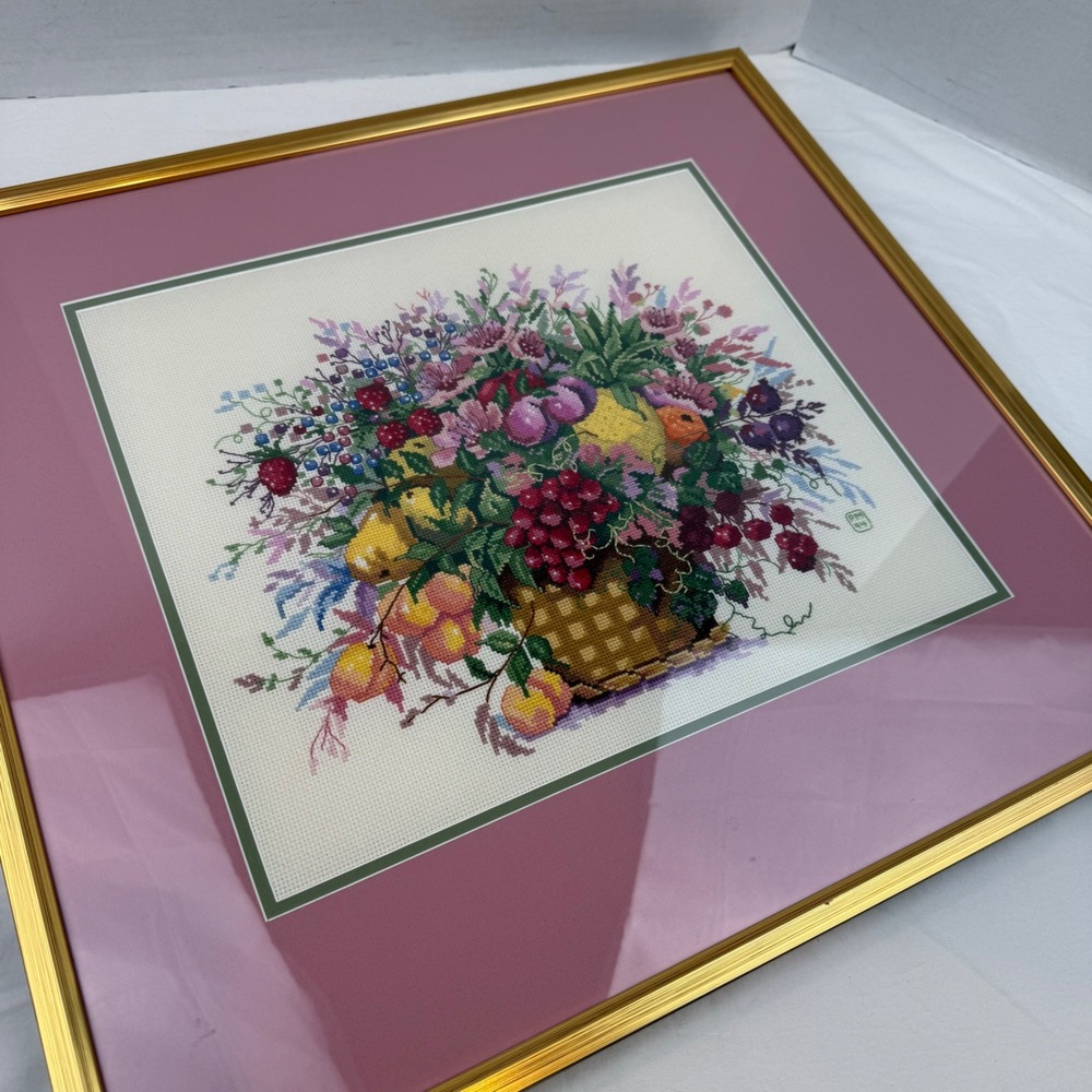 Vintage 1994 Framed Cross Stitch Fruit Basket Floral Embroidery Gold Frame 22.5" - Picture 4 of 11